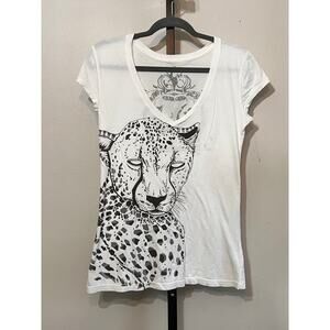 Key Closet Leopard Print Short Sleeve V-Neck Graphic T-Shirt White/Black Large